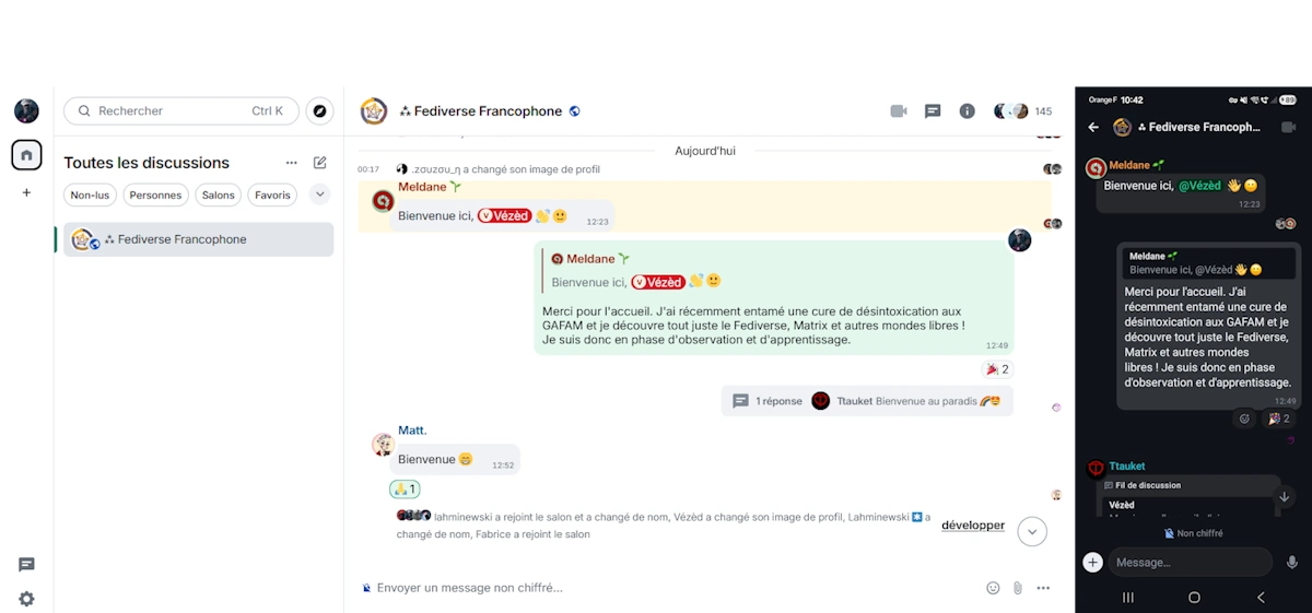 Aperçu de l’interface Zefchat : conversations Matrix dans Element
