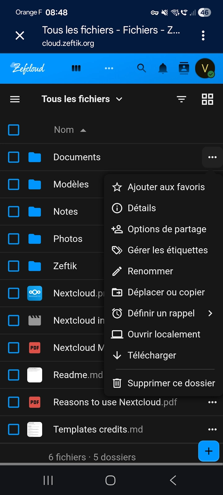 Aperçu mobile de Zefcloud (Nextcloud)