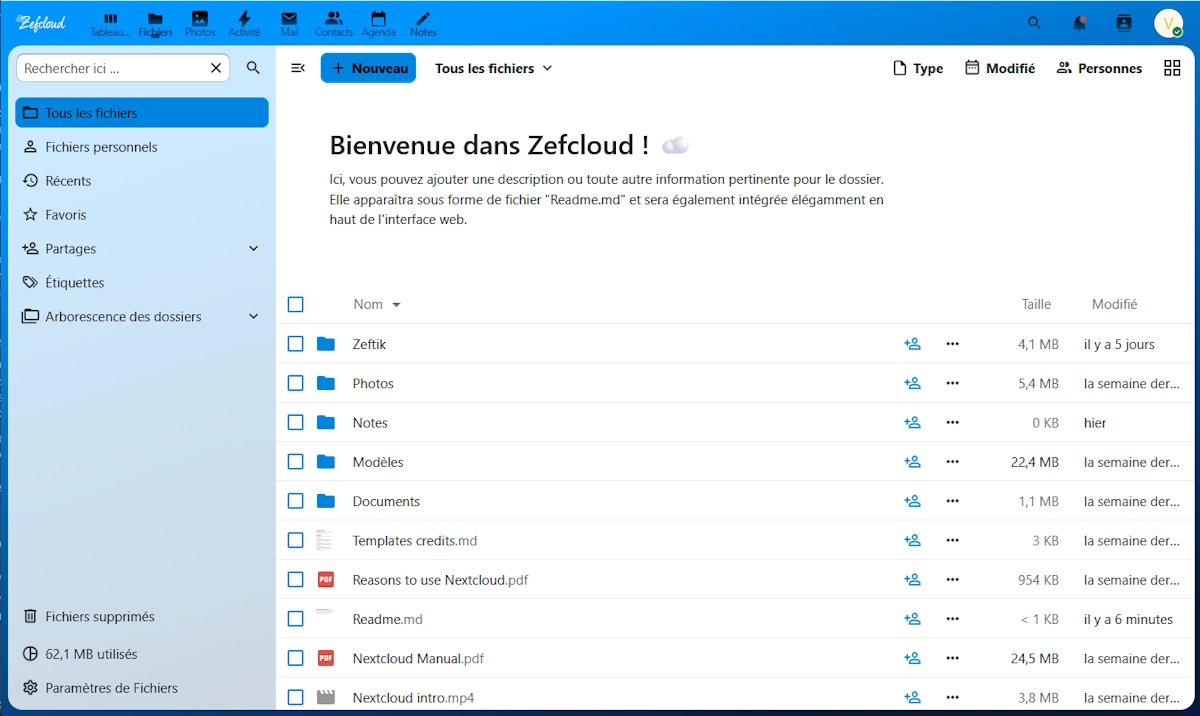 Aperçu de l’interface Zefcloud (Nextcloud) : fichiers et applications